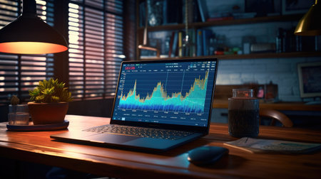 Laptop with stock market chart on screen. Business and financial conceptの素材