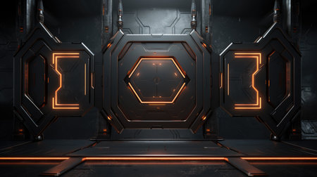 Dark futuristic spaceship interior with glowing neon lights. 3D Renderingの素材