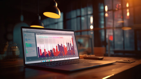 Laptop with stock market chart on screen. 3d rendering.の素材