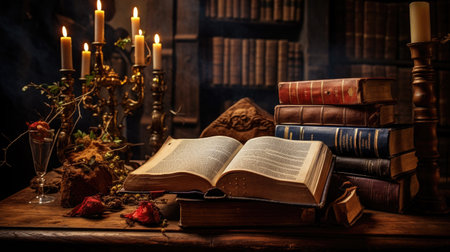 Old books, candles and candlestick on a wooden table.の素材