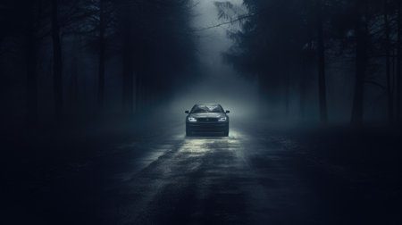 Car on the road in the dark forest with fog. 3d renderingの素材