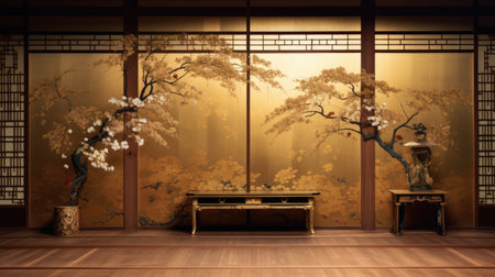 Japanese-style room with a bench and a cherry blossom.の素材