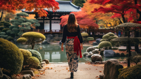 Beautiful Japanese woman walking in the autumn garden with colorful maple treesの素材