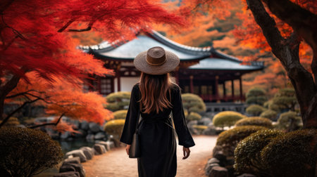 Japanese woman wearing a hat walking in a Japanese garden during autumn seasonの素材