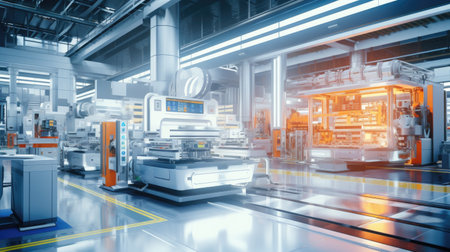 3d rendering of modern factory interior with equipment for production line.の素材