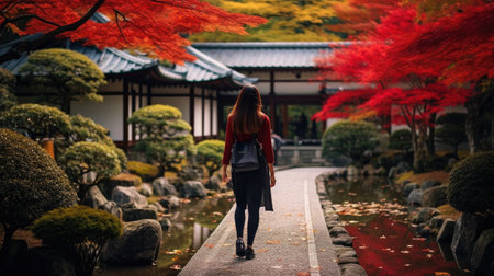 Japanese woman walking in autumn garden at Kyoto, Japan. Japanese woman walking in autumn garden.の素材
