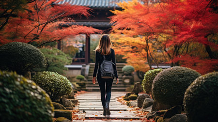 Young woman with backpack in the autumn garden at Kyoto, Japan.の素材