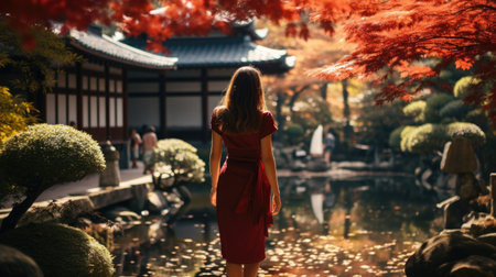 Young woman in a red dress in a Japanese garden in autumn.の素材