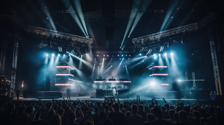 Concert crowd in front of a stage with bright stage lights.の素材