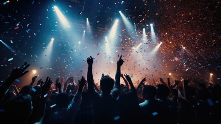 Cheering crowd at a music festival with raised hands and confettiの素材