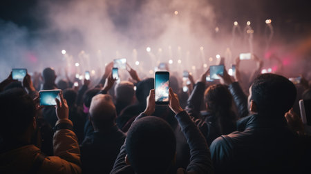 Concert crowd at a music festival, hands with smartphones taking picturesの素材