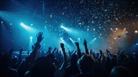 Crowd in front of a stage during a live concert with hands raisedの素材