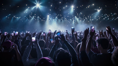 Silhouettes of concert crowd taking selfie with smartphone at live concertの素材