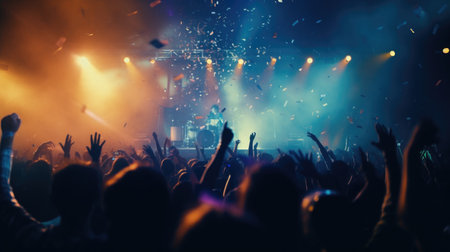 Concert crowd at a music festival, cheering crowd at a live concertの素材
