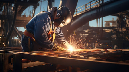 Industrial worker is welding steel structure at construction site in heavy industry.の素材