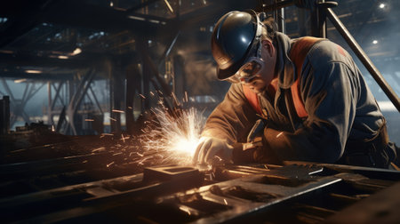 Industrial worker welding steel in factory. Metalwork manufacturing and construction concept.の素材