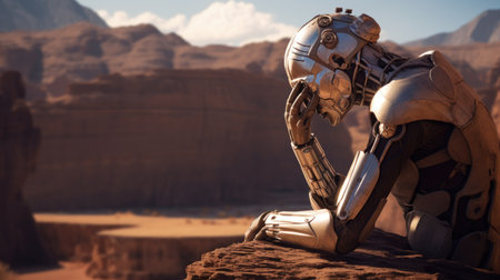 3D rendering of a robot in a desert environment. Futuristic conceptの素材