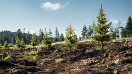Pine trees growing on the soil in the forest. Nature backgroundの素材