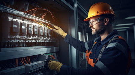 Electrician in helmet and glasses working with electric panel in fuse boxの素材