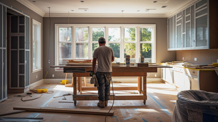 Carpenter Working On Floor In New Home - Making Furnitureの素材