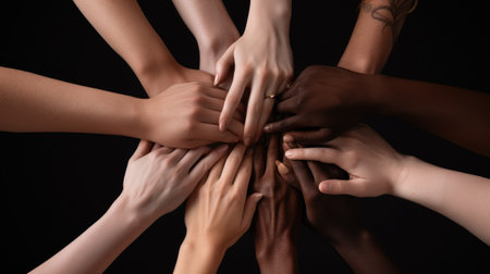 Group of multiethnic people holding hands on black background, closeupの素材