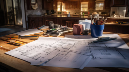 Architectural background with blueprints and tools on the desk.の素材