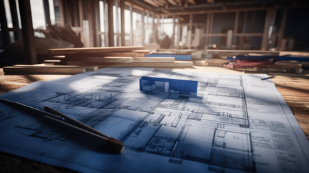 Architectural blueprints and blueprint rolls at a construction site.の素材