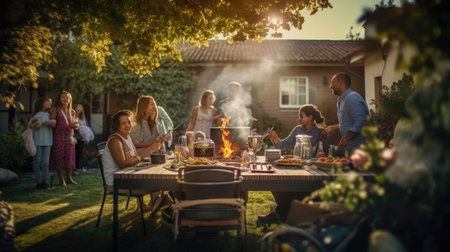 Group of friends having barbecue party in backyard - Young people having fun on summer dayの素材