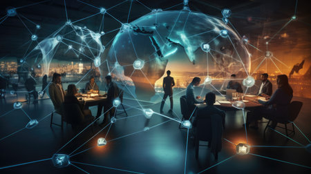 Global communication and networking concept with 3D rendering people in conference roomの素材