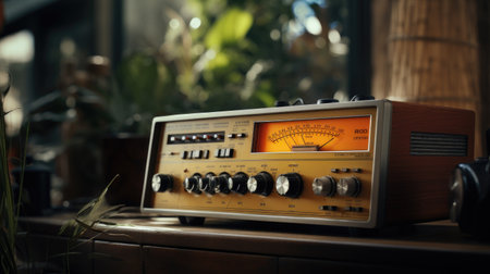 Retro radio on table in coffee shop, closeup. Space for textの素材