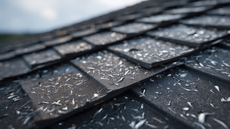 Roof tiles covered with water drops after rain, close-upの素材