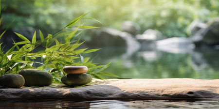 zen basalt stones and bamboo leaves on the rock in the gardenの素材