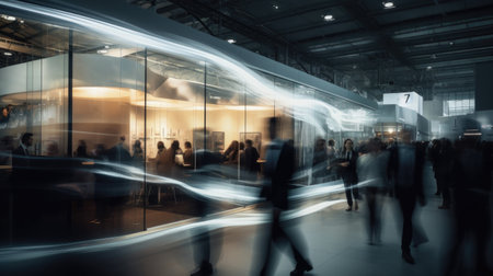 Silhouettes of people walking in a trade show with motion blurの素材