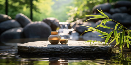 Cup of tea and bamboo on stone in swimming pool with sunlight.の素材