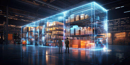 Businessman in warehouse with glowing warehouse hologram. 3D renderingの素材