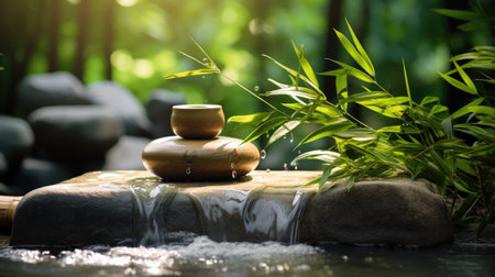 Beautiful spa setting in the garden with green bamboo and stones.の素材
