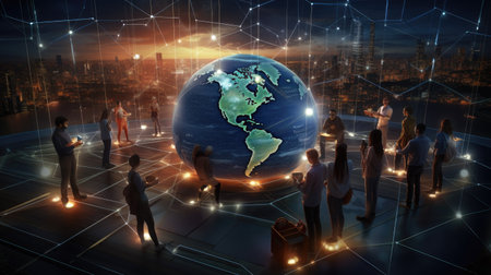 Global communication concept with 3D rendering of business people on world mapの素材