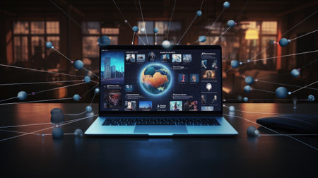 Laptop with social media icons against room with large window showing cityの素材