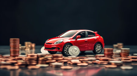 Red car model with coins on black background. Business and finance concept.の素材