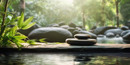 zen basalt stones in the garden with green leaves and water backgroundの素材