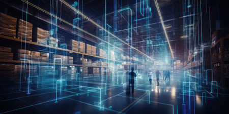 Silhouette of business people walking in warehouse with binary code. 3D renderingの素材