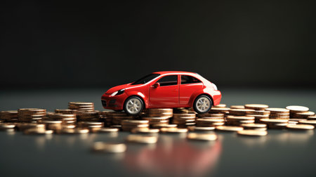 Car model and coins on dark background, insurance and financial concept.の素材