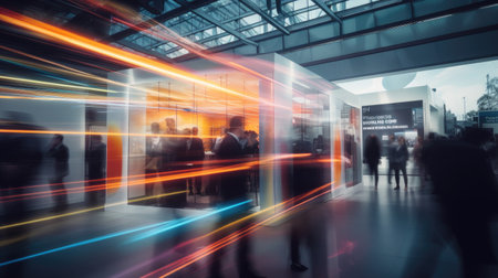 Blurry people in the lobby of a modern office building with abstract light trailsの素材