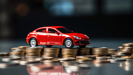 Red car model with stack of coins for finance and banking concept.の素材