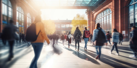 People walking in the city on a sunny day. Blurred motion.の素材