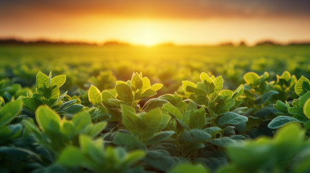 Potato field at sunset. Beautiful landscape with green agricultural field at sunset.の素材