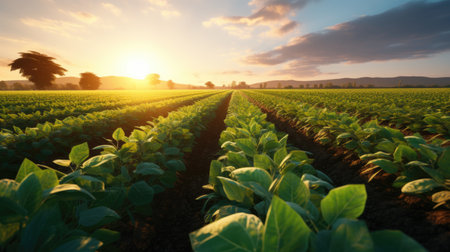 Sunset over a field with young tobacco plants in the foreground.の素材