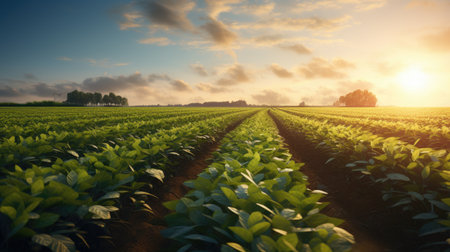 Rows of tobacco plants in the field at sunset. Agricultural landscape.の素材