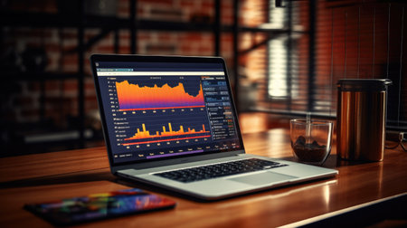 Laptop with stock market chart on screen. 3d rendering.の素材