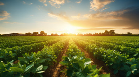 Green soybean field at sunset. Agricultural landscape. Panorama.の素材